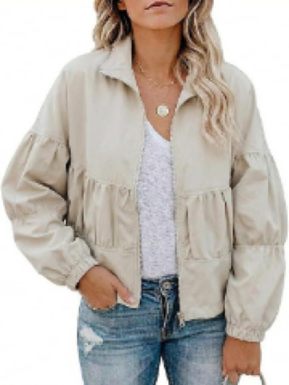 Lightweight Polyester Cropped Bomber Jacket with Balloon Sleeves